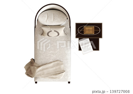 double bed isolated on a transparent background, furniture for the bedroom interior, 3D illustration, cg render 139727008