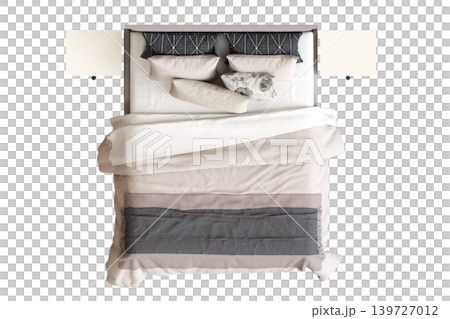 double bed isolated on a transparent background, furniture for the bedroom interior, 3D illustration, cg render 139727012