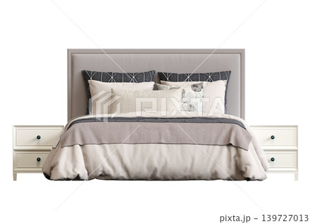 double bed isolated on a transparent background, furniture for the bedroom interior, 3D illustration, cg render 139727013