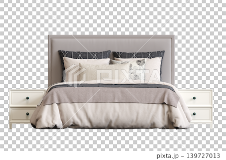double bed isolated on a transparent background, furniture for the bedroom interior, 3D illustration, cg render 139727013