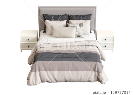 double bed isolated on a transparent background, furniture for the bedroom interior, 3D illustration, cg render 139727014