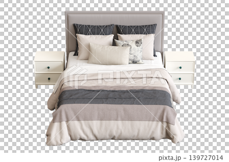 double bed isolated on a transparent background, furniture for the bedroom interior, 3D illustration, cg render 139727014