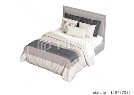 double bed isolated on a transparent background, furniture for the bedroom interior, 3D illustration, cg render 139727015