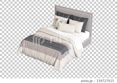 double bed isolated on a transparent background, furniture for the bedroom interior, 3D illustration, cg render 139727015