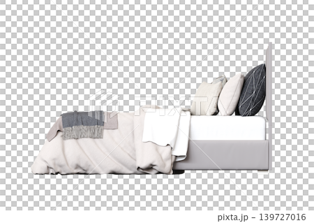 double bed isolated on a transparent background, furniture for the bedroom interior, 3D illustration, cg render 139727016
