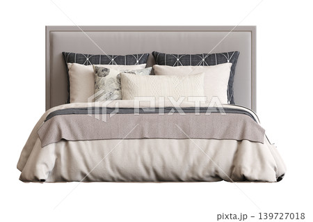 double bed isolated on a transparent background, furniture for the bedroom interior, 3D illustration, cg render 139727018