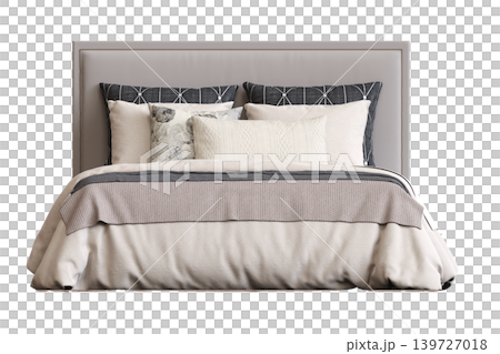 double bed isolated on a transparent background, furniture for the bedroom interior, 3D illustration, cg render 139727018