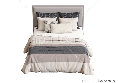 double bed isolated on a transparent background, furniture for the bedroom interior, 3D illustration, cg render 139727019