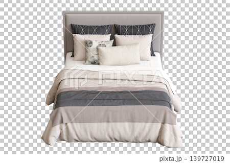 double bed isolated on a transparent background, furniture for the bedroom interior, 3D illustration, cg render 139727019