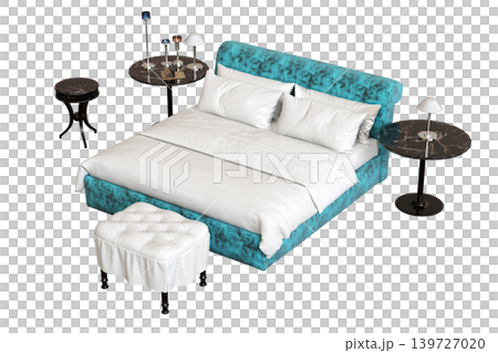double bed isolated on a transparent background, furniture for the bedroom interior, 3D illustration, cg render 139727020