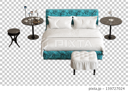 double bed isolated on a transparent background, furniture for the bedroom interior, 3D illustration, cg render double bed isolated on a transparent background, furniture for the bedroom interior, 3D illustration, cg render 139727024