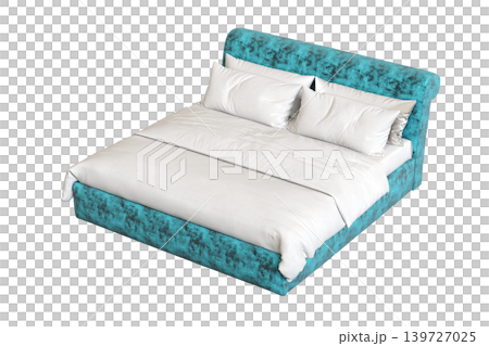 double bed isolated on a transparent background, furniture for the bedroom interior, 3D illustration, cg render 139727025