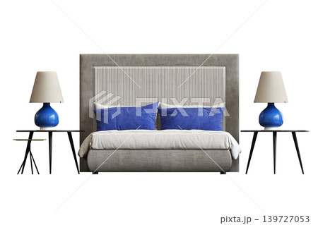 double bed isolated on a transparent background, furniture for the bedroom interior, 3D illustration, cg render 139727053