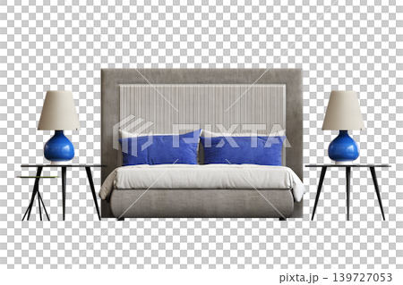 double bed isolated on a transparent background, furniture for the bedroom interior, 3D illustration, cg render 139727053