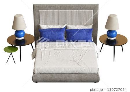 double bed isolated on a transparent background, furniture for the bedroom interior, 3D illustration, cg render 139727054