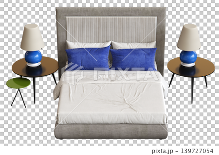 double bed isolated on a transparent background, furniture for the bedroom interior, 3D illustration, cg render 139727054