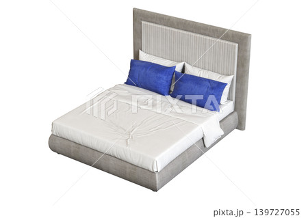 double bed isolated on a transparent background, furniture for the bedroom interior, 3D illustration, cg render 139727055