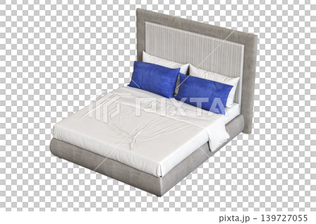 double bed isolated on a transparent background, furniture for the bedroom interior, 3D illustration, cg render 139727055