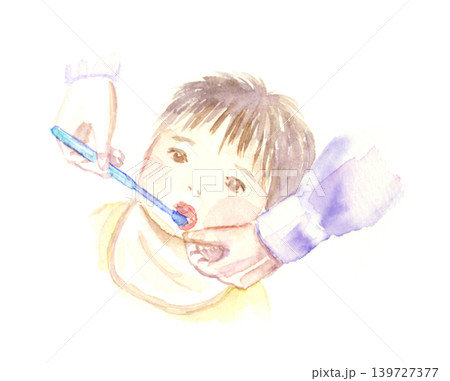 仕上げはみがきをしてもらう赤ちゃんの水彩イラスト 139727377