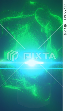 Futuristic green particle orb with bright cyan lens flare, glowing energy waves, and digital holographic motion. 139727457