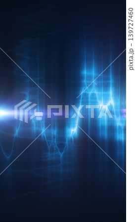 Abstract blue digital waveform with glowing light pulses, lens flare, and futuristic signal technology background. 139727460