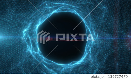 Cyan glowing energy portal with dark core on a dense wireframe data grid, abstract futuristic network and technology background Cyan glowing energy portal with dark core on a dense wireframe data grid, abstract futuristic network and technology background 139727479