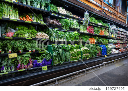 New york, usa august 18,2024. Abundant fresh organic vegetables and greens neatly arranged on refrigerated shelves inside a modern supermarket in harlem, new york New york, usa august 18,2024. Abundant fresh organic vegetables and greens neatly arranged on refrigerated shelves inside a modern supermarket in harlem, new york 139727495
