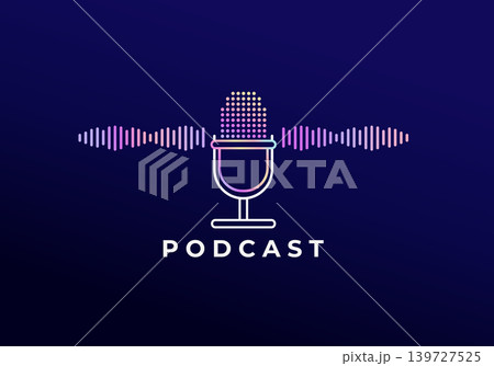 Microphone and sound wave, podcast neon concept. Logo for broadcasting with sound wave. Emblem for live news and radio streaming, shows,live performances. Vector illustration for bloggers. Microphone and sound wave, podcast neon concept. Logo for broadcasting with sound wave. Emblem for live news and radio streaming, shows,live performances. Vector illustration for bloggers. 139727525