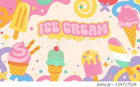 Childish ice cream horizontal banner in tasty style. Sundaes with different flavors on funny doodle pink background. Cute ad for caffe, shops. Vector for web,flyers.Sweet cold desserts for design Childish ice cream horizontal banner in tasty style. Sundaes with different flavors on funny doodle pink background. Cute ad for caffe, shops. Vector for web,flyers.Sweet cold desserts for design 139727526