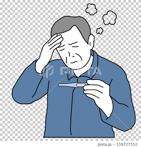 一幅彩色線條畫，描繪了一位發燒的中年男子正在查看體溫計。 139727552