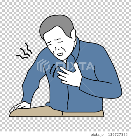 一幅彩色線條畫,描繪了一位中年男子胸痛和心臟病發作的情景。 一幅彩色線條畫,描繪了一位中年男子胸痛和心臟病發作的情景。 139727553