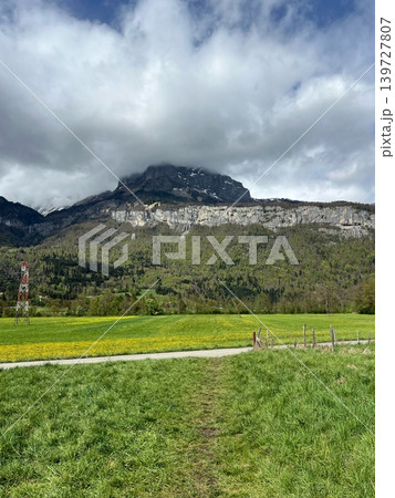 Scenic view of a mountain landscape with lush green fields and cloudy 139727807