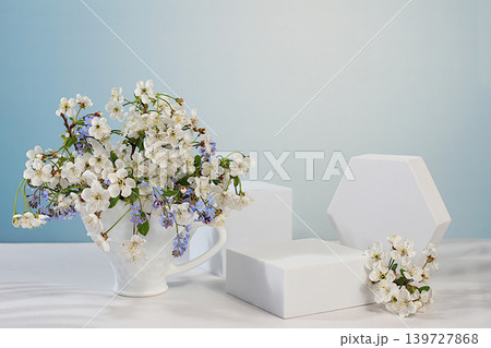 Beautiful banner with cherry blossoms and empty, varied product display stands, design template and a display. Abstract floral arrangement for a product display business card,Minimal modern aesthetics Beautiful banner with cherry blossoms and empty, varied product display stands, design template and a display. Abstract floral arrangement for a product display business card,Minimal modern aesthetics 139727868