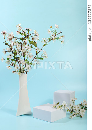 Beautiful banner with cherry blossoms and empty, varied product display stands, design template and a display. Abstract floral arrangement for a product display business card,Minimal modern aesthetics Beautiful banner with cherry blossoms and empty, varied product display stands, design template and a display. Abstract floral arrangement for a product display business card,Minimal modern aesthetics 139727873