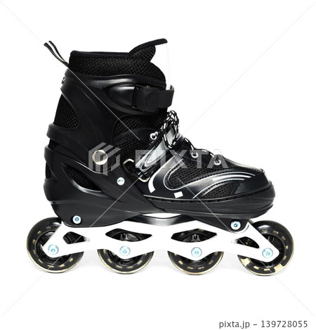 black roller skate on aluminum frame with four wheels isolated on white background right view 139728055