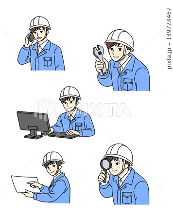 作業員 5点セット 電話報告 点検 工具確認 パソコン操作 書類確認 イラスト 作業員 5点セット 電話報告 点検 工具確認 パソコン操作 書類確認 イラスト 139728467
