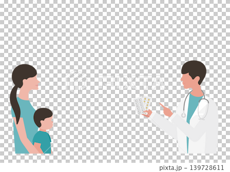 Vector illustration of a boy and his mother, and a doctor explaining medication. 139728611