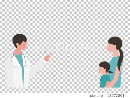 Vector illustration of a girl and her mother, and a doctor pointing and explaining something. 139728614