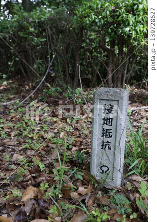 接地抵抗測定。Ω記号の石製マーカー。屋外の地面に設置 接地抵抗測定。Ω記号の石製マーカー。屋外の地面に設置 139728627