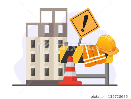 Building construction site with safety equipment and gear stock illustration. Building construction site with safety equipment and gear stock illustration. 139728686