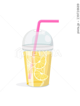 Fresh Lemonade Drink in Plastic Cup with Pink Straw Stock Illustration. 139728689
