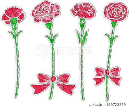 刺繍風のカーネーションの花4本 139728859