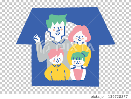 一家四口從自家窗戶揮手_color 139728877