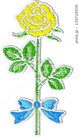 刺繍風の薔薇の花_黄色い薔薇_青いリボン付き 139728930