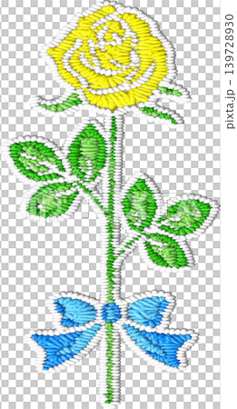 刺繍風の薔薇の花_黄色い薔薇_青いリボン付き 139728930