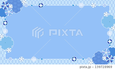 レトロかわいい青色と和風のフレーム型背景 139728969