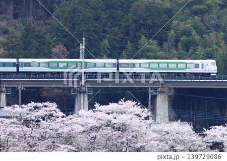 眼下に咲き誇る桜に見送られて早朝の中央線を走行するE257系の臨時特急あずさ_2026/4/11撮影 139729086