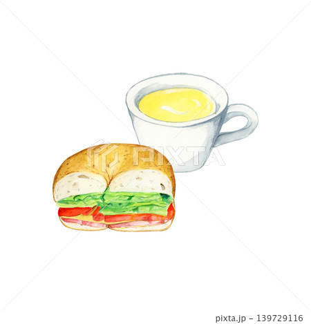 手描き水彩のベーグルサンドとコーンスープの朝食イラスト 手描き水彩のベーグルサンドとコーンスープの朝食イラスト 139729116