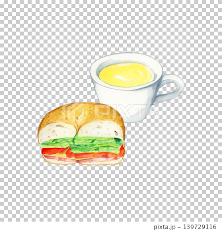 A hand-painted watercolor illustration of a bagel sandwich and corn soup for breakfast. 139729116
