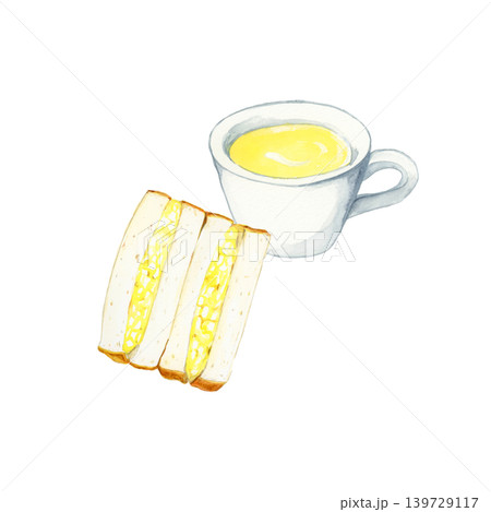 手描き水彩のたまごサンドとコーンスープの朝食イラスト 手描き水彩のたまごサンドとコーンスープの朝食イラスト 139729117